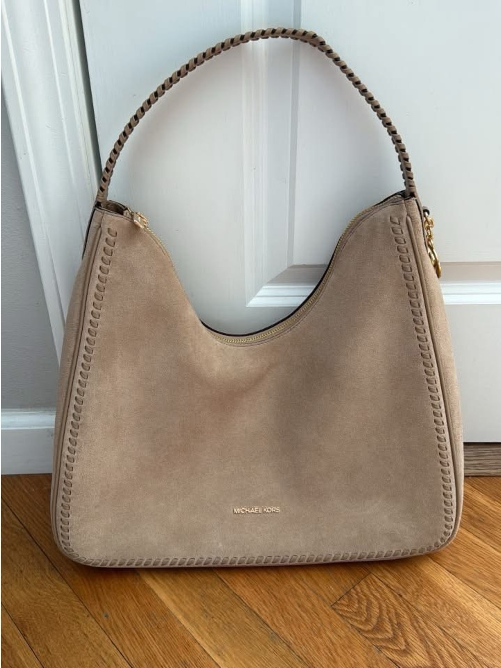Michael Kors Beige Suede Hobo with Braided Handle